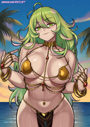 Rule 34 | 1girl, boku no hero academia, bracelet, breasts, closed mouth, evening, green eyes, green hair, hagakure toru, highres, jewelry, large breasts, loincloth, long hair, looking at viewer, metal bikini, multicolored hair, navel, ocean, outdoors, palm tree, pelvic curtain, pink hair, redjet, solo, tree, watermark, web address