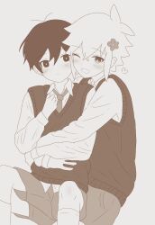 Rule 34 | 2boys, alternate costume, antenna hair, basil (faraway) (omori), basil (omori), blush, bright pupils, closed mouth, collared shirt, flower, greyscale, hair flower, hair ornament, heart, highres, hug, hug from behind, long sleeves, looking at viewer, male focus, monochrome, multiple boys, necktie, omori, one eye closed, open mouth, saji neko, shirt, short hair, shorts, simple background, sitting, smile, socks, sunny (omori), sweater vest, yaoi