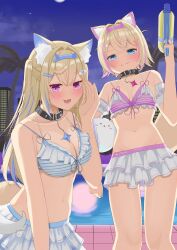 2girls absurdres animal_ear_fluff animal_ears bikini black_choker blonde_hair blue_eyes blush breasts choker cleavage collarbone dog_ears dog_girl dog_tail fuwawa_abyssgard hair_between_eyes hair_ornament highres holding holding_water_gun hololive hololive_english large_breasts long_hair looking_at_viewer medium_breasts mococo_abyssgard multiple_girls navel open_mouth pink_eyes short_hair siblings smile stomach striped_bikini striped_clothes swimsuit tail toumi twins virtual_youtuber water_gun
