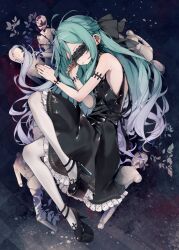 Rule 34 | 1girl, bare shoulders, black dress, black nails, blindfold, commentary request, dress, earrings, enomoto nao, expressionless, flat chest, frilled dress, frills, full body, green hair, highres, jewelry, lace, lace blindfold, long hair, looking at viewer, mannequin, original, pantyhose, platform heels, purple eyes, sleeveless, solo, stud earrings, very long hair, white pantyhose