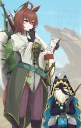 1girl agnes_tachyon_(umamusume) ahoge animal_ears belt black_gloves blue_belt book boots brown_boots brown_hair brown_pants closed_mouth commentary_request desert ear_ornament feet_out_of_frame gloves hair_between_eyes hair_ornament hand_on_own_chin highres holding holding_book horse_ears horse_girl horse_tail huge_ahoge ibuki_grunt jacket long_hair manhattan_cafe_(umamusume) monster_hunter_(series) open_mouth outdoors pants red_eyes smile solo_focus stroking_own_chin sword sword_on_back tail twitter_username two-handed_sword umamusume watermark weapon weapon_on_back white_jacket yellow_eyes