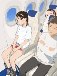 1boy 2girls absurdres airplane_interior black_eyes black_hair black_pants black_shoes closed_eyes colored_inner_hair converse crossed_arms highres long_hair long_sleeves mashiro_ka multicolored_hair multiple_girls nose_bubble open_mouth original own_hands_together pants pink_hair ponytail red_shorts seatbelt shirt shoes short_shorts short_sleeves shorts sitting sleeping sneakers socks t-shirt white_shirt white_socks