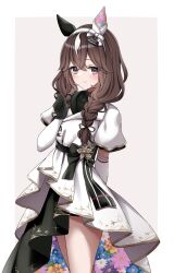 1girl alan_(210bush) animal_ears blush braid breasts brown_hair curren_bouquetd&#039;or_(umamusume) dress elbow_gloves gloves grey_eyes hair_between_eyes hair_ornament hairband highres horse_girl looking_at_viewer low_twin_braids simple_background smile solo twin_braids umamusume white_background