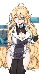 Rule 34 | 1girl, absurdres, ahoge, aqua eyes, averting eyes, blacha (dkskek157), black gloves, black thighhighs, blonde hair, breasts, cleavage, cleavage cutout, clipboard, clothing cutout, commentary request, counter:side, covered collarbone, cowboy shot, cropped, gloves, hair between eyes, highres, holding, holding clipboard, holographic interface, honeycomb (pattern), jacket, korean commentary, large breasts, light blush, long hair, long sleeves, moneka (counter:side), open mouth, partially fingerless gloves, side slit, sidelocks, simple background, solo, teeth, thigh cutout, thighhighs, upper teeth only, very long hair, wavy hair, white background, white jacket