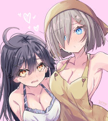 2girls absurdres ahoge apron bandana black_hair blue_eyes breasts brown_eyes collarbone commentary_request grey_hair hamakaze_(kancolle) hamakaze_(valentine)_(kancolle) heart highres hizaka kantai_collection large_breasts long_hair multiple_girls naked_apron one-hour_drawing_challenge short_hair sweat upper_body ushio_(kancolle) ushio_(valentine)_(kancolle) very_sweaty white_apron yellow_apron yellow_bandana