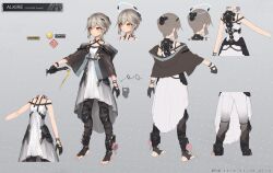 1girl alkire_(asicah) artist_logo asicah bare_shoulders black_gloves bracelet breasts brown_pantyhose capelet character_name closed_mouth dated dress expressionless flower gloves grey_hair hair_ornament halo highres jewelry knee_pads logo multiple_views original outstretched_arm pantyhose pink_flower pink_rose reference_sheet rose shin_guards short_hair sleeveless sleeveless_dress small_breasts standing stirrup_legwear toeless_legwear toes turnaround white_dress yellow_eyes