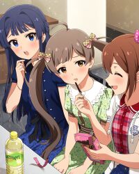 3girls blue_eyes blue_hair bottle brown_eyes buttons card_(medium) closed_eyes collar dress emblem food frilled_collar frills game_cg green_dress hakozaki_serika holding idolmaster idolmaster_million_live! idolmaster_million_live!_theater_days jacket kasuga_mirai mogami_shizuka multiple_girls official_art open_mouth plaid_clothes pocky profile sitting table twintails