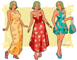 1girl artist_name bag blonde_hair blue_dress blue_shoes bracelet breasts brown_sandals cleavage closed_mouth collarbone dark-skinned_female dark_skin dress ear_piercing earrings facing_viewer fire_emblem fire_emblem_heroes flower_dress full_body green_eyes green_hair handbag holding holding_bag jewelry laegjarn_(fire_emblem) lips lipstick looking_at_viewer makeup medium_breasts multicolored_hair necklace nintendo piercing pink_lips red_dress red_sandals sandals shoes short_hair simple_background smile solo standing streaked_hair teeth thighs white_background yellow_dress