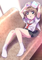 1girl :o antenna_hair arms_up black_skirt blonde_hair book brown_hair cardcaptor_sakura colored_tips commentary couch dot_nose dutch_angle full_body green_eyes hair_between_eyes highres himehachi_(hime8manga) holding holding_book indoors kinomoto_sakura knees_together_feet_apart looking_at_viewer lying medium_hair multicolored_hair neckerchief on_back on_couch open_mouth pink_hair pleated_skirt reading red_neckerchief sailor_collar school_uniform serafuku short_sleeves signature skirt socks solo sunlight white_sailor_collar white_socks wooden_floor