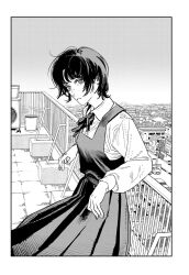 Rule 34 | 1girl, breasts, dress, eri (sayonara eri), fujimoto tatsuki, highres, medium breasts, neck ribbon, overall skirt, pinafore dress, ribbon, sayonara eri, school uniform, shirt, short hair, sleeveless, sleeveless dress, standing, white shirt