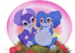 belly big_belly black_kitty couple flower gen_8_pokemon hand_on_another&#039;s_stomach hands_on_own_stomach highres indeedee indeedee_(female) indeedee_(male) nintendo pokemon pokemon_(creature) pregnant red_flower sitting
