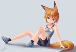 1girl animal_ears arm_support bad_id bad_pixiv_id bike_shorts breasts collarbone dreadtie female_focus fox_ears fox_tail green_eyes orange_hair original shoes short_hair signature sitting small_breasts sneakers socks solo tail tank_top