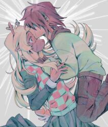 1girl 1other antlers black_hoodie black_shirt black_skirt blonde_hair brown_hair checkered_clothes checkered_vest commentary deer_antlers deer_girl deltarune furry furry_female goomyloid green_sweater hands_on_another&#039;s_face hashtag-only_commentary highres hood hoodie horns kiss kissing_forehead kris_(deltarune) long_hair noelle_holiday other_with_female shirt short_hair skirt sweater tears vest