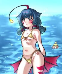 1girl ahoge anglerfish_girl arms_behind_back bikini bioluminescence blue_hair blush cameltoe fins fish_girl fishing_lure flat_chest gills glowing hair_tie indie_virtual_youtuber iniskein kitanya_(anglerfish) kitanya_nyanta lifebuoy looking_at_viewer max_(kitanya) micro_bikini multicolored_hair ocean petite pink_lips red_eyes red_hair short_twintails sparkle straight-on string_bikini sunglasses swim_ring swimsuit twintails upper_body virtual_youtuber water yellow_bikini
