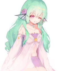 1girl aqua_hair babydoll bare_shoulders blush breasts finana_ryugu fins flower hair_between_eyes hair_flower hair_ornament head_fins highres jewelry kirei767 long_hair looking_at_viewer navel necklace nijisanji nijisanji_en off-shoulder_shirt off_shoulder one_eye_closed pearl_necklace pink_babydoll scales shirt simple_background small_breasts smile solo virtual_youtuber white_background