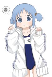 1girl alternate_costume blue_eyes blue_hair blue_one-piece_swimsuit closed_mouth collarbone commentary_request cowboy_shot cube_hair_ornament frown furrowed_brow hair_ornament hands_up highres jacket light_blush looking_at_viewer naganohara_mio naganoharamiomio name_tag nichijou one-piece_swimsuit open_clothes open_jacket oversized_clothes oversized_jacket raglan_sleeves school_swimsuit short_hair short_twintails simple_background sleeves_past_wrists solo speech_bubble spoken_squiggle squiggle standing swimsuit track_jacket twintails v-shaped_eyebrows white_background white_jacket
