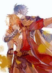 2boys abs antenna_hair arm_tattoo armian armor black_choker black_coat black_pants black_shirt blonde_hair blue_cape blue_eyes braid cape chest_tattoo choker clawed_gauntlets closed_eyes coat cowboy_shot facial_tattoo gradient_hair hair_between_eyes hand_on_another&#039;s_neck highres honkai:_star_rail honkai_(series) looking_at_another male_focus medium_hair multicolored_hair multiple_boys mydei_(honkai:_star_rail) open_clothes open_coat pants pauldrons phainon_(honkai:_star_rail) profile red_cape red_hair red_tattoo shirt short_hair shoulder_armor side_braid simple_background single_pauldron tattoo toned toned_male white_background white_coat white_hair yaoi yellow_blood