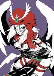 1girl 48mokopon angel cowboy_shot darcmon digimon digimon_(creature) eye_mask facial_mark feathered_wings grey_background highres long_hair partially_colored simple_background solo watermark wings