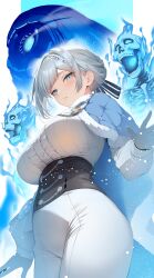 1girl absurdres akershus_fortress_(oshiro_project) badge black_corset black_gloves blue_bow blue_cape blue_eyes blush bodysuit bone bow braid breasts cape center_frills commission corset frilled_shirt frills from_below fur-trimmed_cape fur_trim gloves grey_hair hair_bow hair_ornament highres large_breasts long_sleeves looking_at_viewer looking_down monster oshiro_project:re parted_lips ryuji_(ikeriu) second-party_source shirt skeb_commission skeleton solo swept_bangs thighs tight_clothes white_bodysuit white_shirt