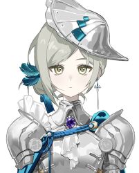 1girl alternate_costume armor ascot blue_ribbon breastplate chest_jewel chinese_commentary closed_mouth commentary_request cross cross_earrings dot_nose earrings expressionless eyelashes feather_hair_ornament feathers frilled_headwear full_armor gem grey_eyes grey_hair grey_helmet hair_bun hair_ornament hair_ribbon helmet jewelry light176 light_frown looking_at_viewer pauldrons purple_gemstone reverse:1999 ribbon short_hair shoulder_armor simple_background single_earring single_side_bun solo upper_body vertin_(reverse:1999) white_ascot white_background