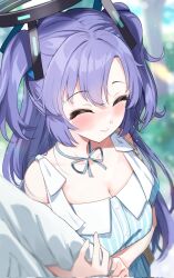 Rule 34 | 1girl, 1other, ^ ^, black halo, blue archive, blue dress, blurry edges, blush, breasts, cleavage, closed eyes, closed mouth, collarbone, commentary request, corrupted twitter file, dress, from above, grey ribbon, halo, highres, holding another&#039;s arm, igayan, large breasts, long hair, neck ribbon, out of frame, outdoors, parted bangs, pov, purple hair, ribbon, smile, solo focus, standing, striped clothes, striped dress, two side up, vertical-striped clothes, vertical-striped dress, yuuka (blue archive)