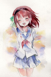 Rule 34 | 1girl, 9tati93, angel beats!, blue skirt, bow, closed eyes, green bow, hairband, highres, nakamura yuri, neckerchief, open mouth, red hair, red neckerchief, school uniform, shirt, skirt, solo, standing, traditional media, white shirt