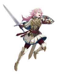 1girl arm_shield attack brown_gloves fire_emblem fire_emblem_fates fire_emblem_heroes gloves headband highres holding holding_sword holding_weapon leggings nintendo non-web_source official_alternate_costume official_art open_mouth pink_eyes pink_hair puffy_sleeves skirt soleil_(fire_emblem) soleil_(resplendent)_(fire_emblem) solo spiked_hair sword v-shaped_eyebrows vambraces weapon