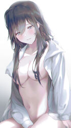 1girl between_legs black_hair blue_eyes blush bottomless breasts collarbone collared_shirt commentary gradient_background grey_background hair_between_eyes hair_censor hair_over_breasts hair_ribbon hand_between_legs highres long_hair long_sleeves medium_breasts moda_(mo_da_3) naked_shirt navel no_bra open_clothes open_shirt parted_lips red_ribbon ribbon shirt sitting solo white_shirt yahari_ore_no_seishun_lovecome_wa_machigatteiru. yukinoshita_yukino