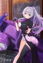 1girl absurdres black_thighhighs breasts bronya_zaychik bronya_zaychik_(heart_of_the_night) bronya_zaychik_(silverwing:_n-ex) closed_mouth commentary_request d.k.c dress grey_eyes grey_hair hair_between_eyes highres holding holding_removed_eyewear honkai_(series) honkai_impact_3rd large_breasts leaning_against_motorcycle long_hair looking_at_viewer motor_vehicle motorcycle single_thighhigh solo thighhighs unworn_eyewear