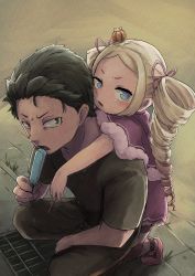 Rule 34 | 1boy, 1girl, age difference, beatrice (re:zero), blonde hair, blue eyes, blush, butterfly-shaped pupils, commentary request, crown, drill hair, eyelashes, food, fur trim, hair ribbon, highres, holding, holding stick, kotarou (kotakota ee), long hair, looking to the side, mini crown, natsuki subaru, open mouth, pants, pantyhose, pink ribbon, popsicle, re:zero kara hajimeru isekai seikatsu, ribbon, shirt, shoes, short sleeves, squatting, stick, striped clothes, striped pantyhose, sweat, symbol-shaped pupils, t-shirt, teenage boy and younger girl, tongue, twin drills, twintails