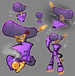 ... alteredeq anger_vein arm_cannon grey_background highres mario_&amp;_luigi:_brothership mario_&amp;_luigi_rpg mario_(series) multiple_views nintendo outline simple_background single_tear solo ten_(mario) weapon white_outline yellow_eyes
