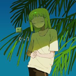 1girl closed_eyes closed_mouth emoticon green_hair kaomoji long_hair original outdoors own_hands_together palm_leaf plant ru-neo_(neoru18436) shirt short_sleeves solo standing t-shirt white_shirt
