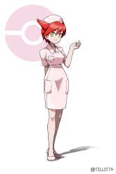1girl absurdres arm_behind_back breast_pocket closed_mouth collared_dress commentary_request dress full_body gen_3_pokemon hand_up hat highres knees latias latias_(human)_(pokemon_adventures) legendary_pokemon looking_at_viewer nintendo nurse nurse_cap pink_dress pink_hat pink_shoes pocket poke_ball_symbol pokemon pokemon_adventures red_hair shoes short_sleeves simple_background smile solo standing tellzeta twitter_username white_background yellow_eyes