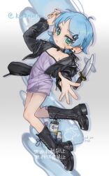 1girl ahoge beer_can black_boots black_jacket blue_hair blush boots can corona_(brand) dress drink_can ear_piercing flat_chest full_body girutea green_eyes hair_ornament hairclip highres jacket knife lips looking_at_viewer nail_polish open_mouth original outstretched_hand piercing purple_dress signature solo strapless strapless_dress