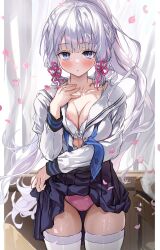 1girl alternate_costume ayaka_(genshin_impact) blue_skirt blush bra breasts cleavage clothes_lift collarbone falling_petals floating_hair genshin_impact grey_hair hair_ribbon highres indoors long_hair looking_at_viewer medium_breasts mole mole_under_eye neckerchief open_clothes open_shirt panties petals pink_panties pleated_skirt ponytail ribbon saya_(mychristian2) school_uniform shirt skirt skirt_lift solo thighhighs underwear undone_neckerchief very_long_hair white_bra white_shirt white_thighhighs