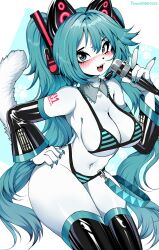 1girl 2025 absurdres animal_nose aqua_eyes aqua_hair aqua_nails arm_tattoo artist_name bare_shoulders bikini blush breasts cat_nose cat_tail cleavage eyelashes furry furry_female hand_on_own_hip hatsune_miku highres holding holding_microphone large_breasts latex long_hair looking_at_viewer microphone nail_polish navel open_mouth sharp_teeth simple_background solo striped_bikini striped_clothes swimsuit tail tattoo teeth thighhighs tweenstrip twintails very_long_hair vocaloid watermark white_fur wide_hips