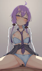 1boy 1girl absurdres ahoge blue_bra blue_panties bra bra_pull breasts clothed_sex clothes_lift clothes_pull clothing_aside cowgirl_position gukr4322 highres medium_breasts necktie one_eye_closed open_clothes open_shirt panties panties_aside purple_eyes purple_hair school_uniform short_hair_with_long_locks skirt skirt_lift straddling sweat underwear voiceroid yuzuki_yukari