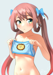 Rule 34 | 1girl, asagumo (kancolle), blue background, blue bra, bra, breasts, brown hair, clothes in front, green eyes, hair ribbon, holding, holding bra, holding unworn clothes, holding underwear, holding unworn clothes, kantai collection, lion print, long hair, looking at viewer, navel, nude, one-hour drawing challenge, out-of-frame censoring, ray.s, ribbon, simple background, small breasts, solo, training bra, twintails, underwear, upper body