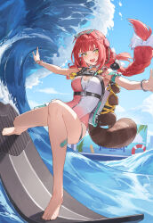1girl blue_sky braid breasts cleavage cotta_(heleif) eyewear_on_head facial_tattoo green_eyes heart heart-shaped_eyewear heart_tattoo highres kama_(zenless_zone_zero) long_hair official_alternate_costume one-piece_swimsuit open_mouth outdoors raccoon red_hair sky smile solo swimsuit tattoo two-tone_one-piece_swimsuit ukinami_yuzuha ukinami_yuzuha_(tanuki_in_broad_daylight) very_long_hair water zenless_zone_zero