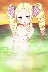 10s 1girl 2016 bare_hips bare_legs bare_shoulders bath bathhouse beatrice_(re:zero) blonde_hair blue_eyes blush butterfly-shaped_pupils collarbone completely_nude crossed_arms drill_hair female_focus flat_chest frilled_ribbon frills highres indoors loli long_hair looking_away lupin_(artist) midriff navel nude open_mouth partially_submerged pink_ribbon re:zero_kara_hajimeru_isekai_seikatsu ribbon solo spirit standing steam symbol-shaped_pupils thighs twin_drills unusual_pupils water wet