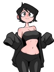 1girl bare_shoulders black_hair black_jacket black_pants black_shirt breasts cleavage earrings groin jacket jaggy_lines jewelry ji_heeeeeee medium_breasts midriff navel open_clothes open_jacket original pants shirt short_hair simple_background smile solo strapless tube_top white_background