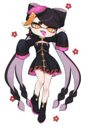 1girl ankle_boots black_boots black_dress black_hair black_hat boots bow-shaped_hair breasts callie_(splatoon) chromatic_aberration cleavage cleavage_cutout clothing_cutout collared_dress commentary_request coula_cat cross-shaped_pupils dot_nose dress drooling earrings fangs flower full_body gold_trim hat high_collar highres ink jewelry large_ears long_hair long_sleeves looking_at_viewer low-tied_long_hair mole mole_under_eye multicolored_hair nintendo ofuda ofuda_on_clothes outstretched_arms pink_hair pink_hat pointy_ears qingdai_guanmao red_flower short_dress simple_background sleeves_past_fingers sleeves_past_wrists small_breasts solo splatoon_(series) standing standing_on_one_leg swept_bangs symbol-shaped_pupils thick_eyebrows tongue tongue_out two-tone_hair white_background yellow_eyes zombie_pose