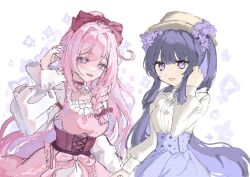 artist_collaboration blue_dress braid breasts brown_hat commentary_request diamond-shaped_pupils diamond_(shape) done_(qz1c_) dress elf elysia_(herrscher_of_human:_ego)_(honkai_impact) elysia_(honkai_impact) flower hair_flower hair_ornament hair_ribbon hat holding_hands honkai_(series) honkai_impact_3rd long_hair long_sleeves looking_at_viewer official_alternate_costume ousssx_x parted_lips pink_dress pink_hair pointy_ears puffy_long_sleeves puffy_sleeves purple_eyes purple_hair raiden_mei red_ribbon ribbon simple_background single_braid smile symbol-shaped_pupils very_long_hair white_background