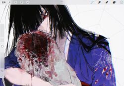 1girl baby black_hair blood blunt_bangs blunt_ends bug carrying carrying_baby carrying_person e.g.o_(project_moon) highres japanese_clothes kimono limbus_company long_hair project_moon purple_kimono red_eyes_(e.g.o) ryoshu_(project_moon) sidelocks silk solo spider spider_web taoer. upper_body very_long_hair