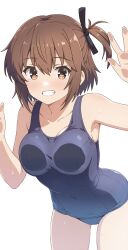 Rule 34 | 1girl, against glass, blue one-piece swimsuit, breasts, brown eyes, brown hair, cowboy shot, etou kanami, grin, highres, leaning forward, looking at viewer, medium breasts, old school swimsuit, one-piece swimsuit, one side up, ototsu (nitta225), school swimsuit, short hair, simple background, smile, solo, swimsuit, toji no miko, white background