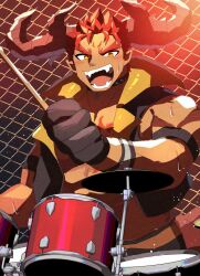 Rule 34 | 1boy, bara, blush, chest tattoo, cowboy shot, curled horns, dark-skinned male, dark skin, demon boy, demon horns, drumming, fence, highres, horns, ifrit (housamo), muscular, muscular male, official alternate costume, pointy ears, solo, spiked hair, standing, suna sand1, sweat, tattoo, thick eyebrows, tokyo houkago summoners