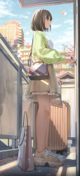 1girl absurdres bag balcony balloon blush bob_cut breasts brown_hair brown_shoes brown_skirt building cardigan closed_mouth commentary_request door door_handle from_below from_side full_body green_cardigan handbag highres layered_skirt medium_hair nemu_kotatsu open_cardigan open_clothes original outdoors purple_eyes rolling_suitcase see-through_clothes shadow shirt shoes shopping_bag skirt small_breasts sneakers solo suitcase sunlight sweatdrop white_shirt