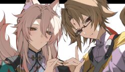 2boys absurdres animal_ear_fluff animal_ears black-framed_eyewear brown_hair chinese_clothes closed_mouth facial_mark forehead_mark fox_boy fox_ears fox_shadow_puppet fox_shadow_puppet_kiss fox_tail glasses hair_between_eyes highres honkai:_star_rail honkai_(series) jiaoqiu_(honkai:_star_rail) long_hair looking_at_viewer male_focus mihoyo moderate_gold multiple_boys orange_eyes pink_hair simple_background tail upper_body white_background ye_shiyuan zenless_zone_zero