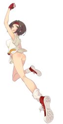 1girl absurdres aged_down ass bottomless brown_hair female_focus fingerless_gloves gloves headband highres mk_(masatusaboten) shoes simple_background sneakers solo the_king_of_fighters uppercut yellow_eyes yuri_sakazaki