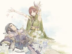 akechi_mitsuhide armor arms_up bellflower black_eyes black_hair braid cape closed_eyes elbow_gloves father_and_daughter feather_hair_ornament flower gloves hair_ornament hakama hosokawa_gracia japanese_clothes kimono kneeling long_hair lying obi on_back parted_bangs red_hair sash sengoku_musou smile source_request thighhighs white_thighhighs